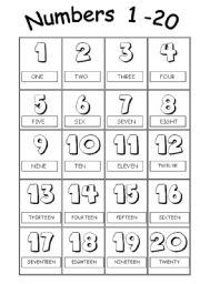 English Worksheet: Numbers from 1 to 20 Picture Dictionary