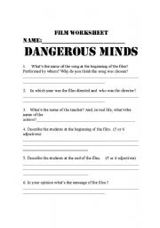 English worksheet: worksheet on the film dangerous minds