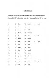 English Worksheet: Homophones