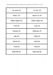 English Worksheet: pair work: American English VS British English (CARS)