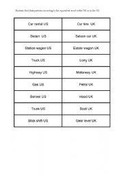 English worksheet: pair work: American English VS British English (CARS)