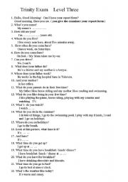 English Worksheet: questions that may be asked in level three of the trinity college oral exam