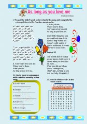 English Worksheet: As long as you love me!!!