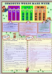 English Worksheet: Compound words made with some, any and no * grammar * 5 tasks * 2 pages * with key *** fully editable***