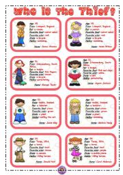 English Worksheet: WHO IS THE THIEF? 2/3 *** 16 flashcards ***