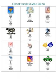 English Worksheet: list of uncountable nouns