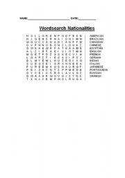 English Worksheet: Wordsearch: Nationalities