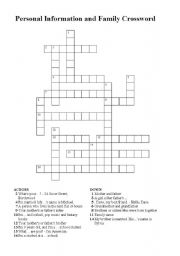 English Worksheet: Personal Information and Family Crossword