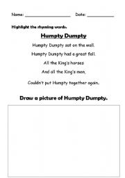 English worksheet: Humpty Dumpty Rhyming Words