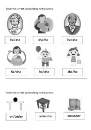 English worksheet: he/she on/under