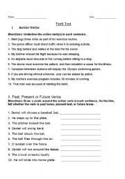 English worksheet: Action Verbs and Verb Tenses