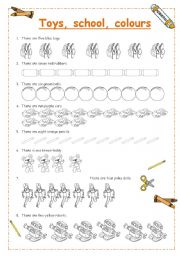 English Worksheet: Colours, toys school supplies revision