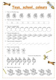 English Worksheet: Colours, toys school supplies revision