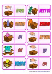 English Worksheet: Prepositions  Dominoes  28 color + 28 B&W dominoes  7 pages  instructions included  fully editable