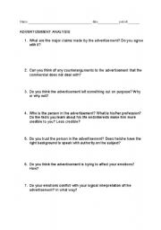 English Worksheet: Advertizing Analysis