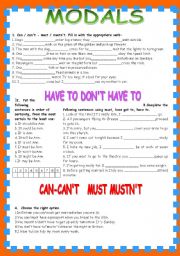 English Worksheet: MODALS:CAN-CANT; HAVE TO-DONT HAVE TO-MUST-MUSTNT-SHOULD-SHOULDNT