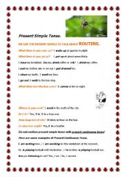 English worksheet: PRESENT SIMPLE-PRESENT CONTINUOUS AND DAILY ROUTINE