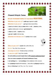 English Worksheet: PRESENT SIMPLE-PRESENT CONTINUOUS AND DAILY ROUTINE