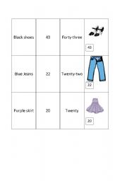 English worksheet: Snap game with clothes and numbers