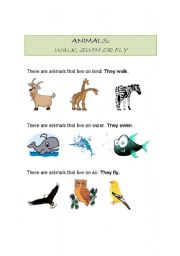 English worksheet: Animals that walk, swim or fly.