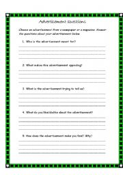English Worksheet: Advertisement Questions