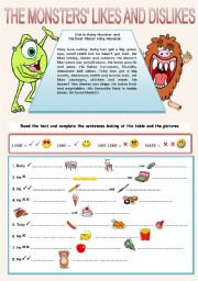 English Worksheet: THE MONSTERS LIKES AND DISLIKES (full editable!)