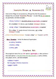 English Worksheet: Descriptive Phrase (without an  s )  VS  Possessive (with an  s )