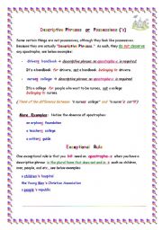 English worksheet: Descriptive Phrase (without an  s )  VS  Possessive (with an  s )