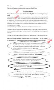 English Worksheet: Valentines Day reading comprehension