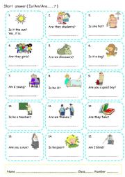 English Worksheet: Determiners and short answer (verb to be, can)