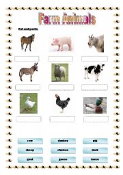 English Worksheet: Farm Animals for kids (cut and paste) realistic pictures.