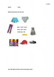 English worksheet: Match the clothes items. Find and circle.