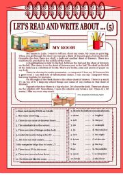 English Worksheet: Lets read and write about ...(5) -  My room.