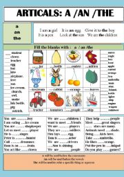 English Worksheet: ARTICALS: A / An / The