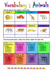 Multiple choices for vocabs of animals