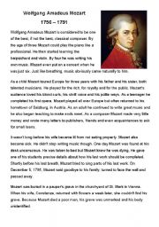 English Worksheet: A Reading about Amadeus Mozart