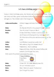 English Worksheet: Lets have a birthday party reading with tasks
