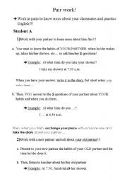 English worksheet: Pair work on habits and time