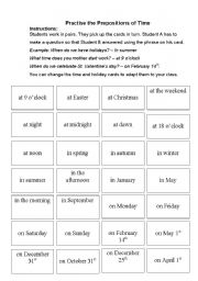 English Worksheet: Prepositions of Time card game