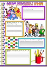 English Worksheet: Count, describe & write: numbers  clothes  colors  school objects  animals  writing  description  4 easy tasks for beginners  fully editable