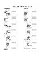 English worksheet: Types of Writing checklist