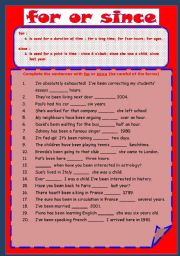 English Worksheet: FOR or SINCE