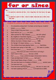English Worksheet: FOR or SINCE