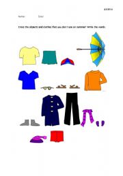 English Worksheet: Cross the clothes and the related items that you dont use on summer