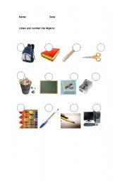 English Worksheet: School material: listen and number
