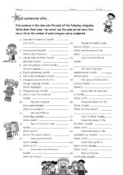 English Worksheet: Scavenger Hunt 1: Find Someone Who...