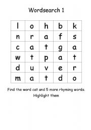 English Worksheet: Wordsearch CVC rhymes