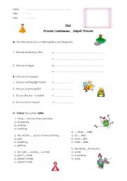 English Worksheet: Present Continuous - Simple Present, a Test 