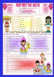 English Worksheet: PRESENT PERFECT TENSE / SINCE - FOR