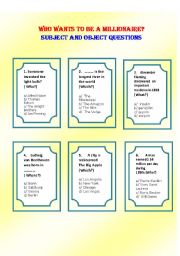 English Worksheet: Who Wants to be a Millionaire - 62 Speaking Cards for making Subject and Object Questions + Rules + Answers. Fully Editable